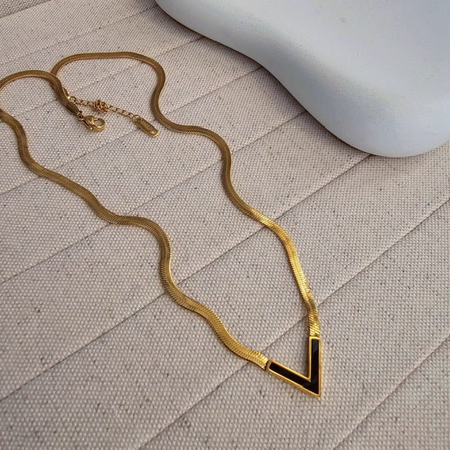 Gold Plated V Shape Black Enamel Pendant With Elegant Statement Snake Chain Necklace