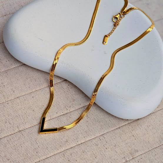 Gold Plated V Shape Black Enamel Pendant With Elegant Statement Snake Chain Necklace