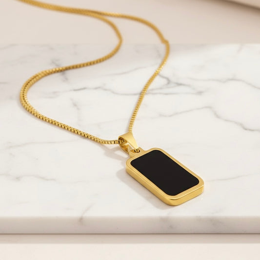 Premium Gold Plated Rectangle Black Enamel Pendant Necklace for Women & Men