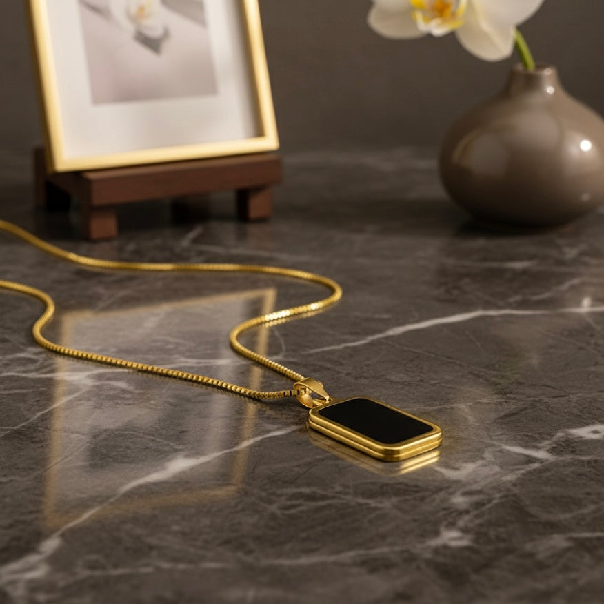 Premium Gold Plated Rectangle Black Enamel Pendant Necklace for Women & Men