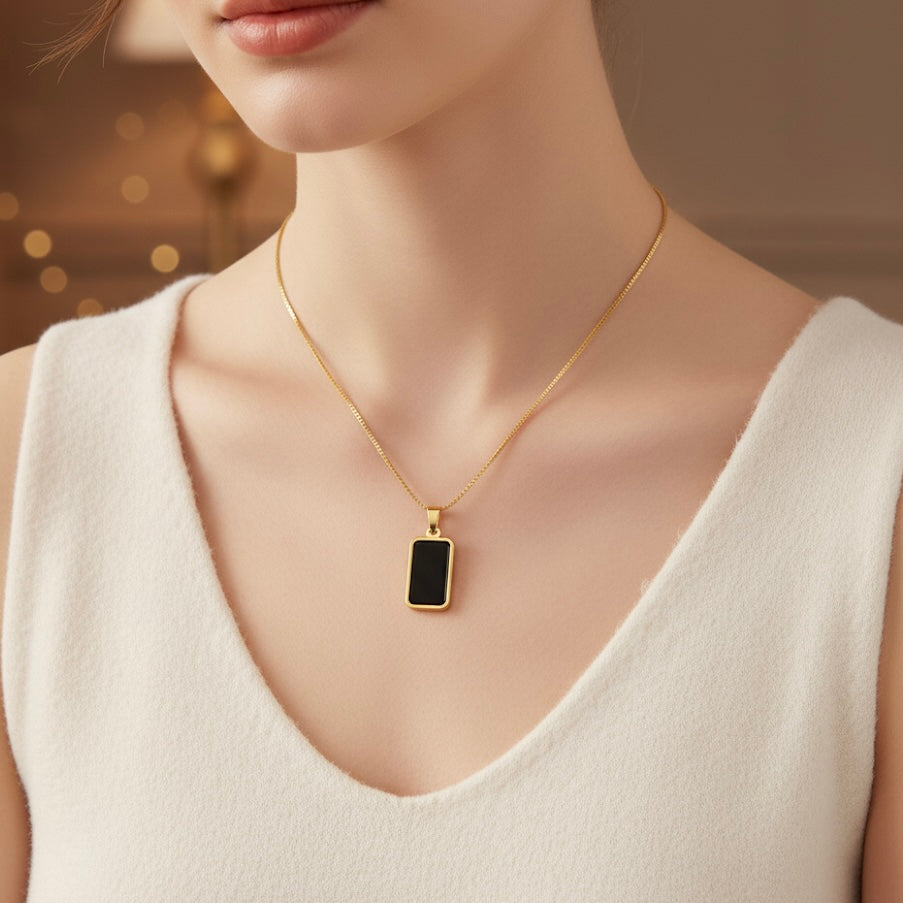 Premium Gold Plated Rectangle Black Enamel Pendant Necklace for Women & Men