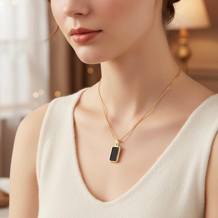 Premium Gold Plated Rectangle Black Enamel Pendant Necklace for Women & Men