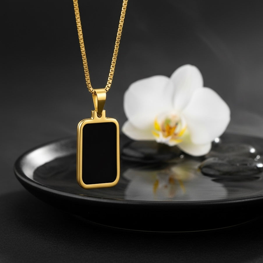 Premium Gold Plated Rectangle Black Enamel Pendant Necklace for Women & Men