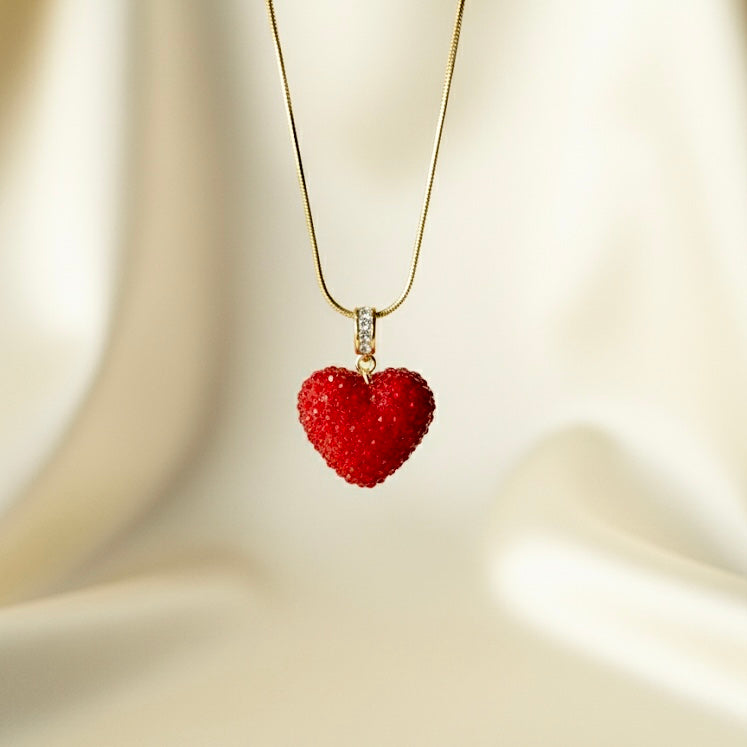 Elegant Red Crystal-Studded Textured Heart Charm Heart Pendant Necklace