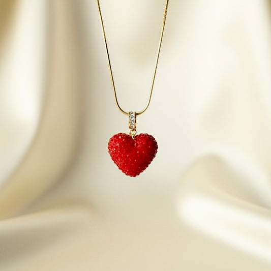 Elegant Red Crystal-Studded Textured Heart Charm Heart Pendant Necklace