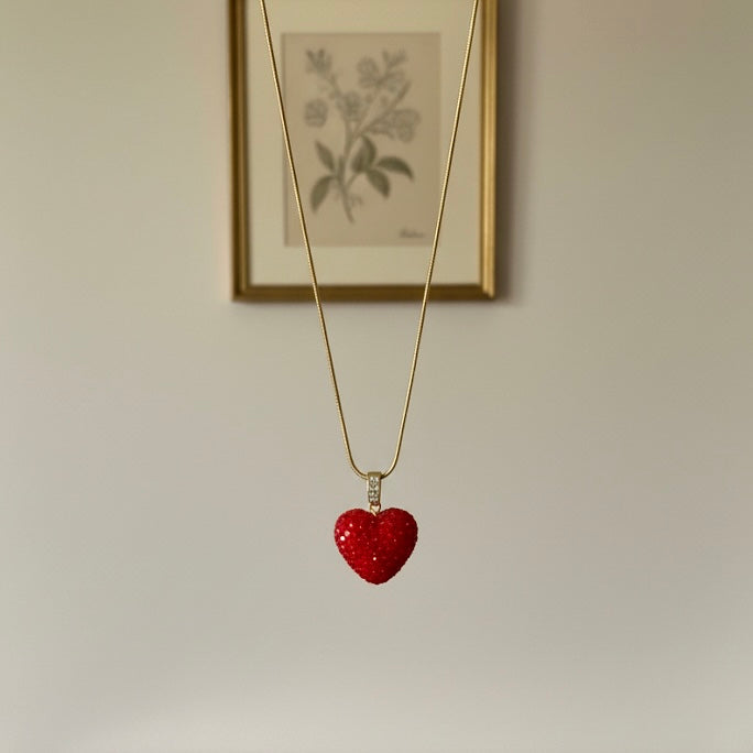 Elegant Red Crystal-Studded Textured Heart Charm Heart Pendant Necklace