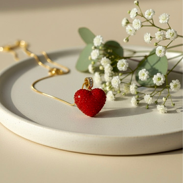 Elegant Red Crystal-Studded Textured Heart Charm Heart Pendant Necklace