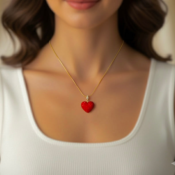 Elegant Red Crystal-Studded Textured Heart Charm Heart Pendant Necklace