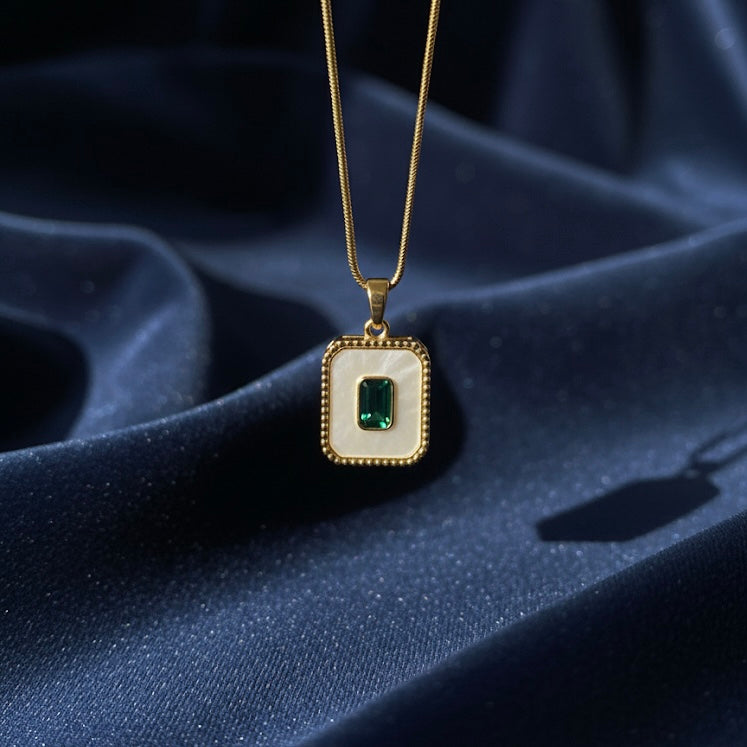 Elegant Green Stone Pendant With White Enamel Rectangle Locket