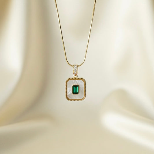 Elegant Green Stone Pendant With White Enamel Rectangle Locket