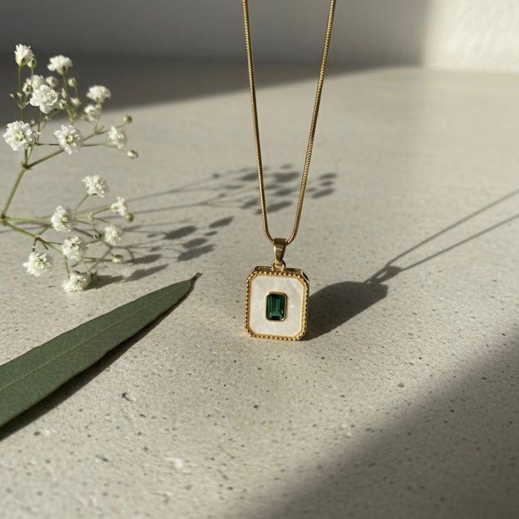Elegant Green Stone Pendant With White Enamel Rectangle Locket