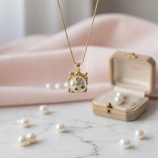 Vintage Pearl Pendant with Green Enamel Leaf Design Necklace for Women