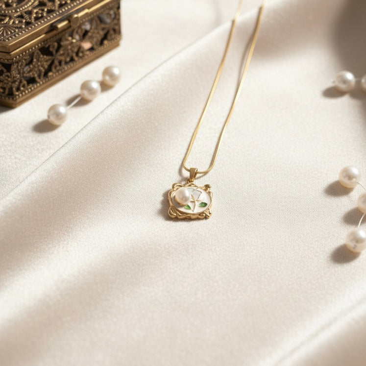 Vintage Pearl Pendant with Green Enamel Leaf Design Necklace for Women