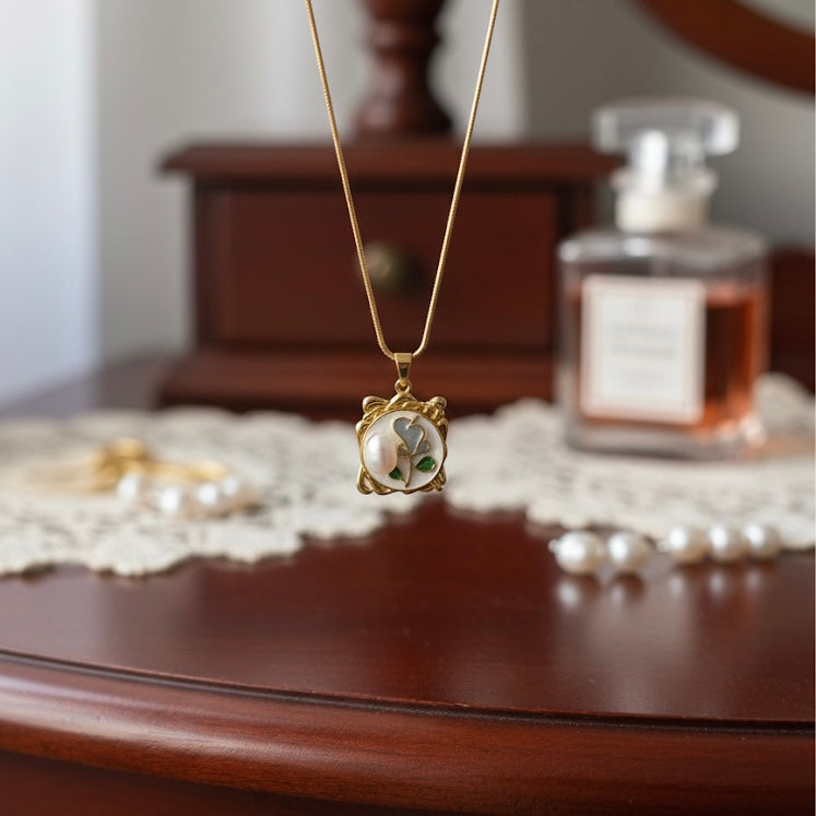 Vintage Pearl Pendant with Green Enamel Leaf Design Necklace for Women