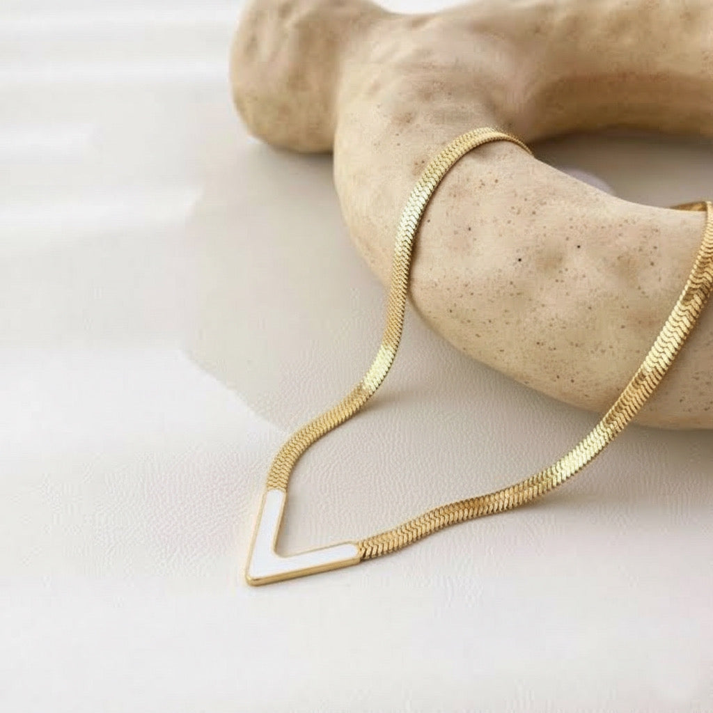 Gold Plated V Shape White Enamel Pendant With Elegant Statement Snake Chain Necklace