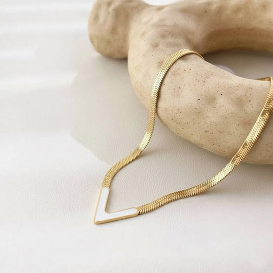 Gold Plated V Shape White Enamel Pendant With Elegant Statement Snake Chain Necklace