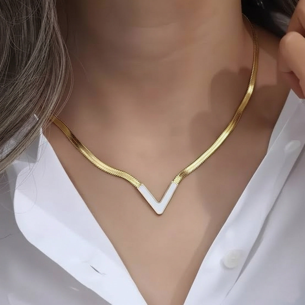 Gold Plated V Shape White Enamel Pendant With Elegant Statement Snake Chain Necklace