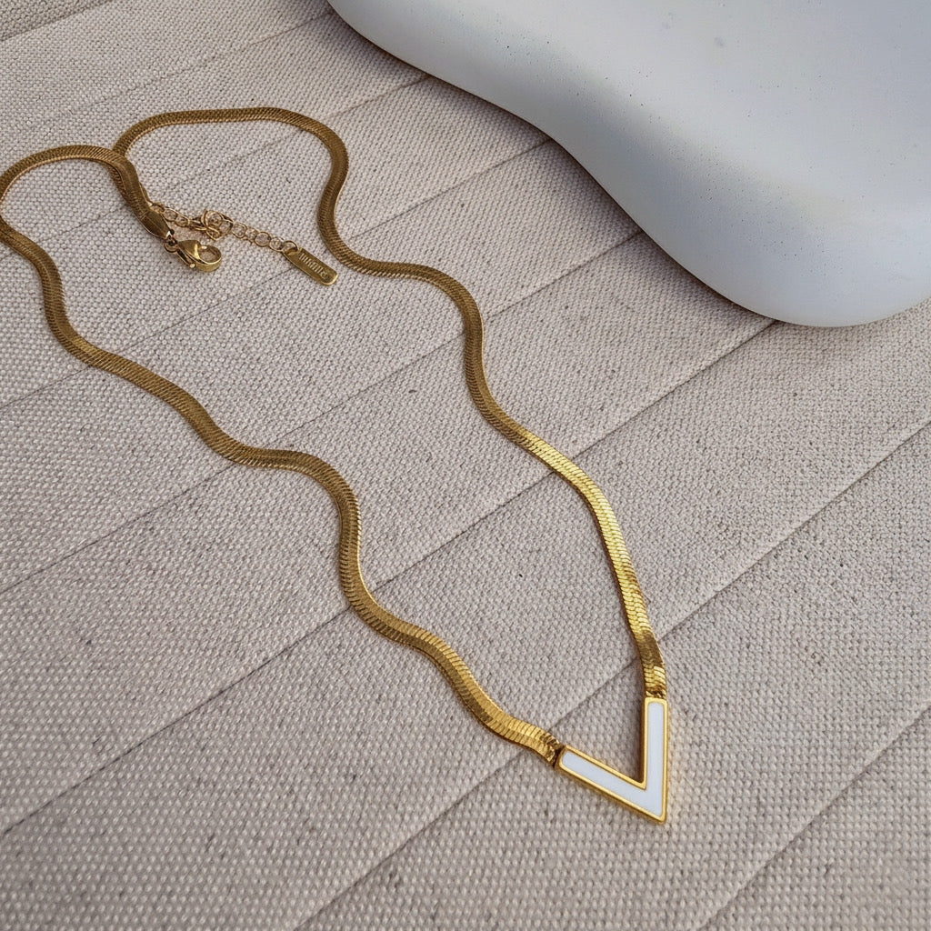 Gold Plated V Shape White Enamel Pendant With Elegant Statement Snake Chain Necklace