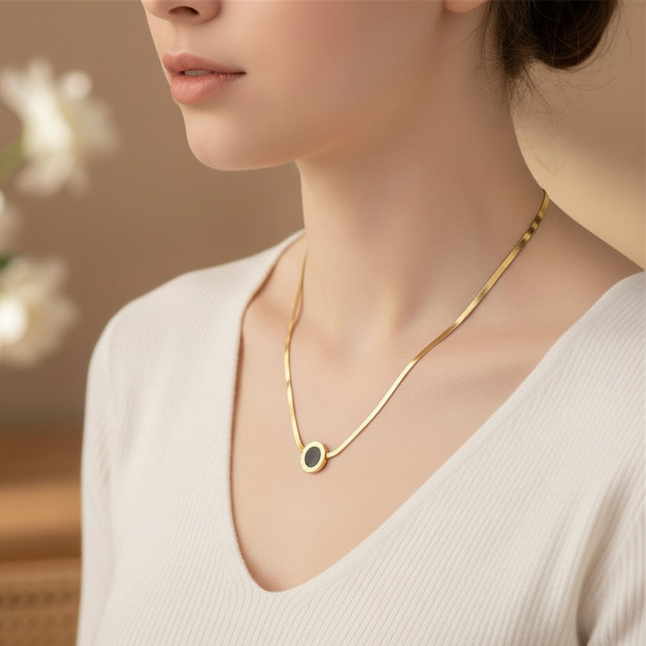 Elegant Black Enamel Roman Design Locket with Flat Snake Chain Necklace