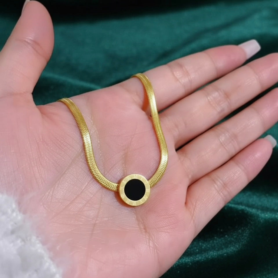 Elegant Black Enamel Roman Design Locket with Flat Snake Chain Necklace