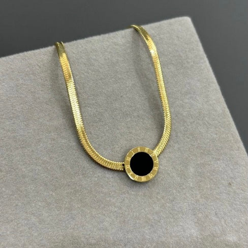 Elegant Black Enamel Roman Design Locket with Flat Snake Chain Necklace