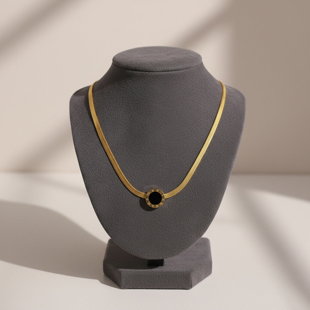 Elegant Black Enamel Roman Design Locket with Flat Snake Chain Necklace