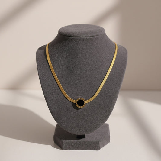 Elegant Black Enamel Roman Design Locket with Flat Snake Chain Necklace