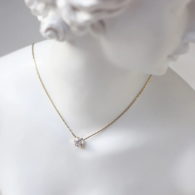 Elegant Solitaire  Round Crystal Pendant with Delicate Link Chain Necklace