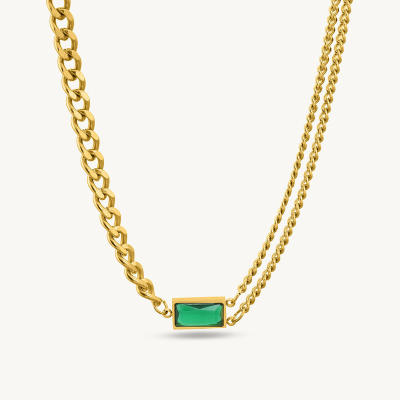 Trendy 18K Gold Plated Green Emerald Cut Dual Chain Modern Pendant Necklace