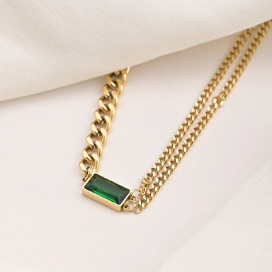 Trendy 18K Gold Plated Green Emerald Cut Dual Chain Modern Pendant Necklace