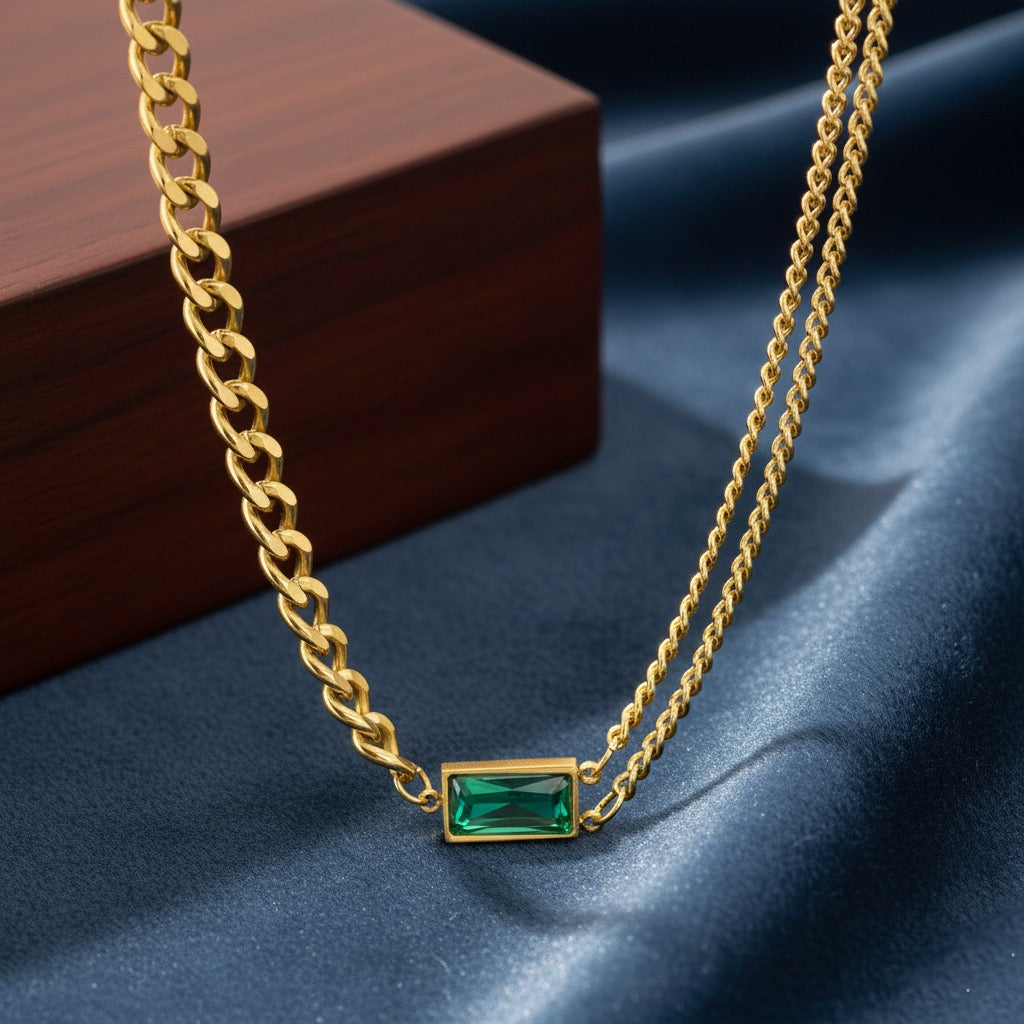 Trendy 18K Gold Plated Green Emerald Cut Dual Chain Modern Pendant Necklace