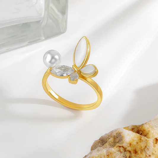 Adjustable Butterfly Pearl Gold Plated Crystal Accents Cocktail Ring