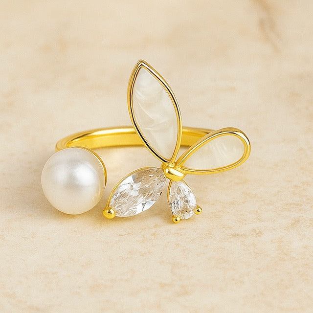 Adjustable Butterfly Pearl Gold Plated Crystal Accents Cocktail Ring