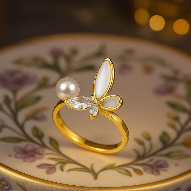 Adjustable Butterfly Pearl Gold Plated Crystal Accents Cocktail Ring