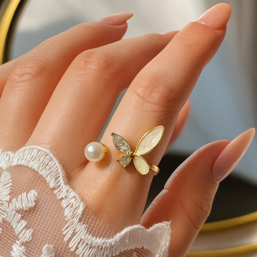 Adjustable Butterfly Pearl Gold Plated Crystal Accents Cocktail Ring