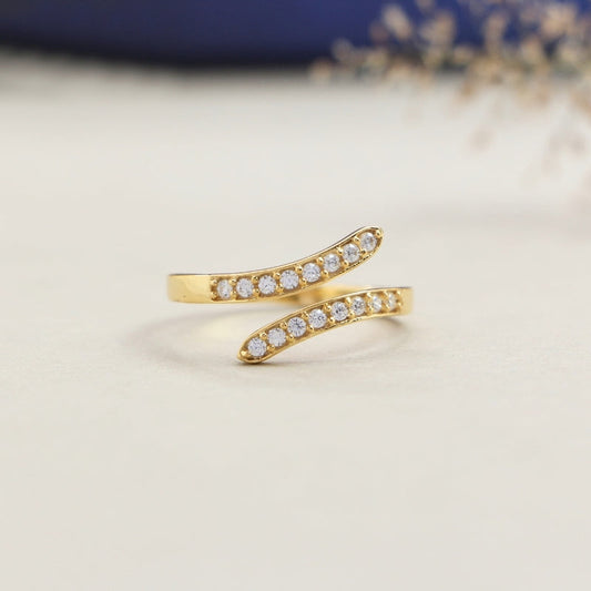 Elegant Adjustable Open Band Gold Plated Ring with Sparkling Cubic Zirconia Stones