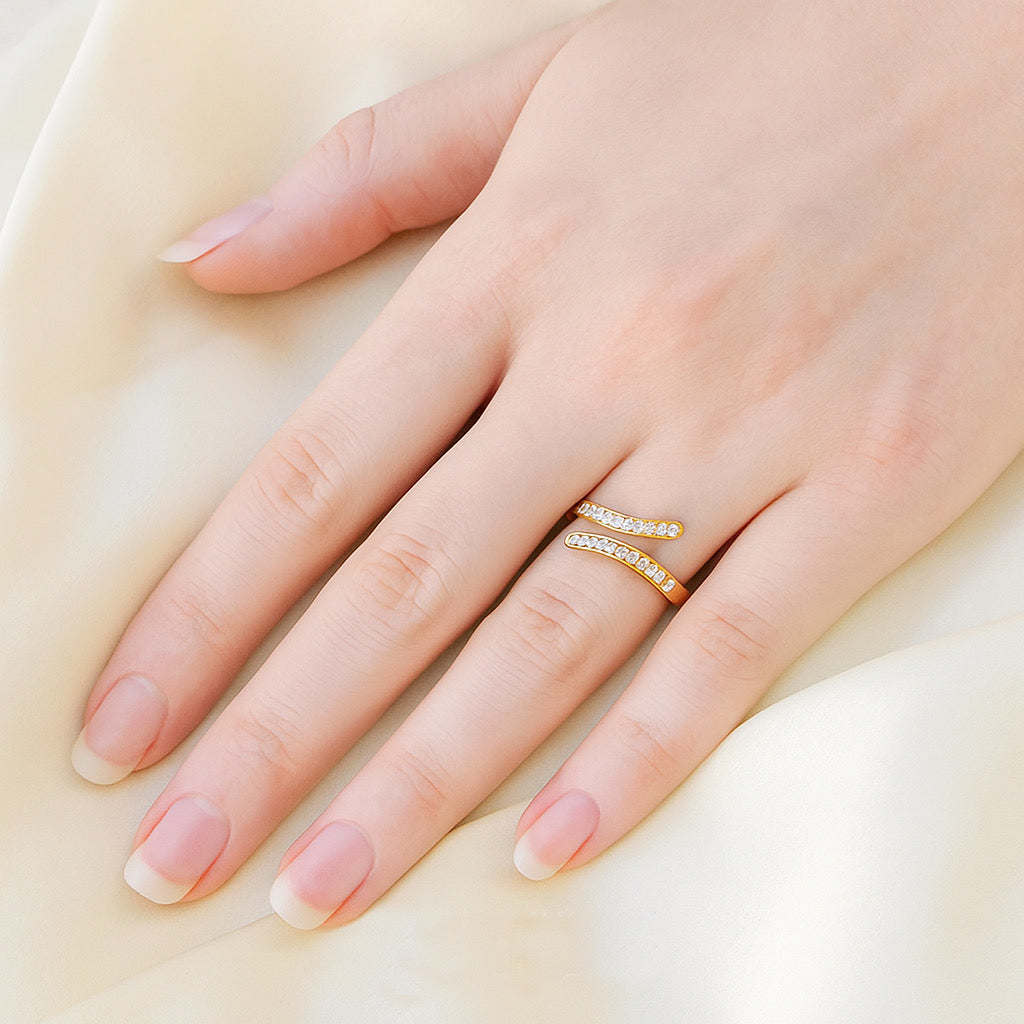 Elegant Adjustable Open Band Gold Plated Ring with Sparkling Cubic Zirconia Stones