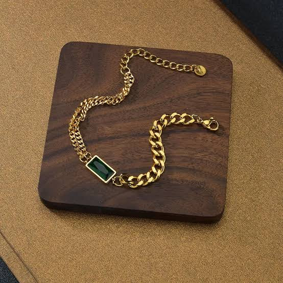 Premium Green Rectangular Crystal Stone With Adjustable Cuban Link Chain Bracelet