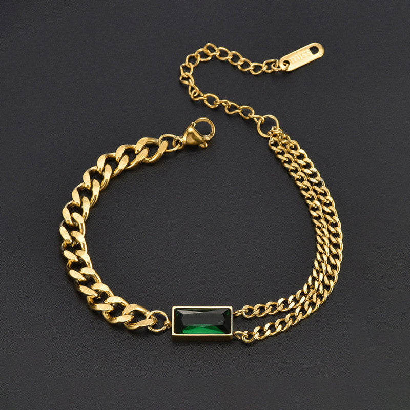 Premium Green Rectangular Crystal Stone With Adjustable Cuban Link Chain Bracelet