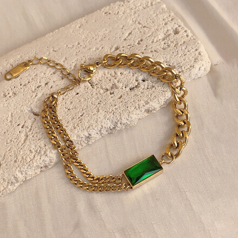 Premium Green Rectangular Crystal Stone With Adjustable Cuban Link Chain Bracelet