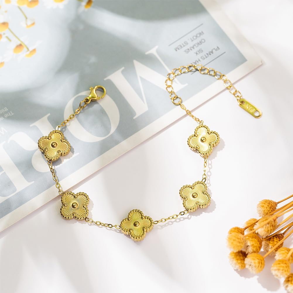 Trendy 18K Gold Plated Four Leaf Charm Clover Flower Bracelet