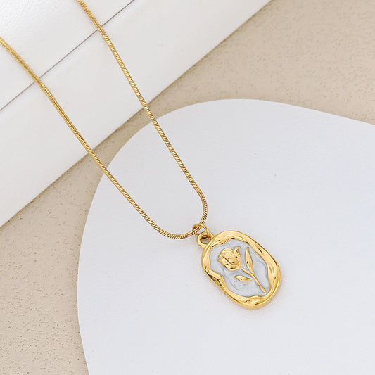 Gold-Plated Oval Rose Pendant Minimal Floral Necklace for Women