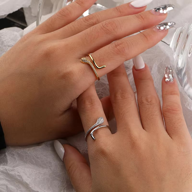 Silver Snake Design With Zircon Stone & Green Eye Adjustable Ring for Women