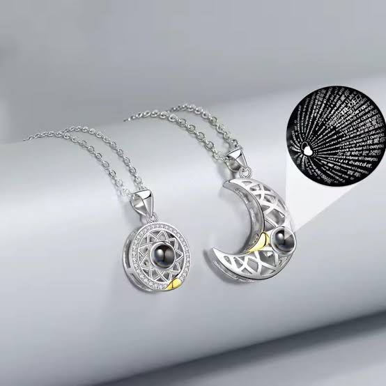Couple Necklace Set with 100 Languages "I Love You" Projection – Moon & Sun Pendant