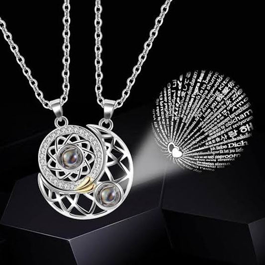 Couple Necklace Set with 100 Languages "I Love You" Projection – Moon & Sun Pendant