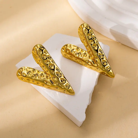Bold Gold Statement Earrings for Women – Trendy Textured V Shape Hoop Studs