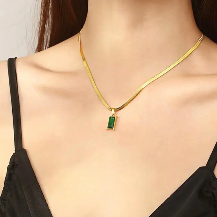 Luxury Gold Plated Rectangle Green Pendant Necklace for Women