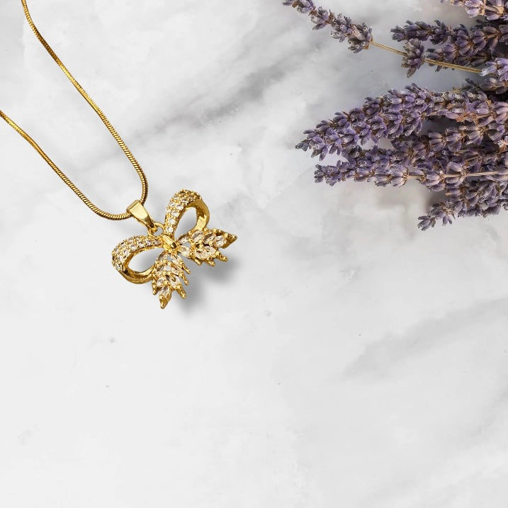 Elegant Bow Pendant Necklace with Sparkling Cubic Zirconia Stones for Women & Girls