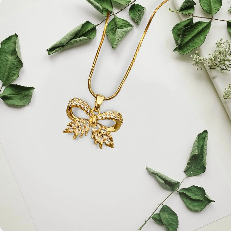 Elegant Bow Pendant Necklace with Sparkling Cubic Zirconia Stones for Women & Girls