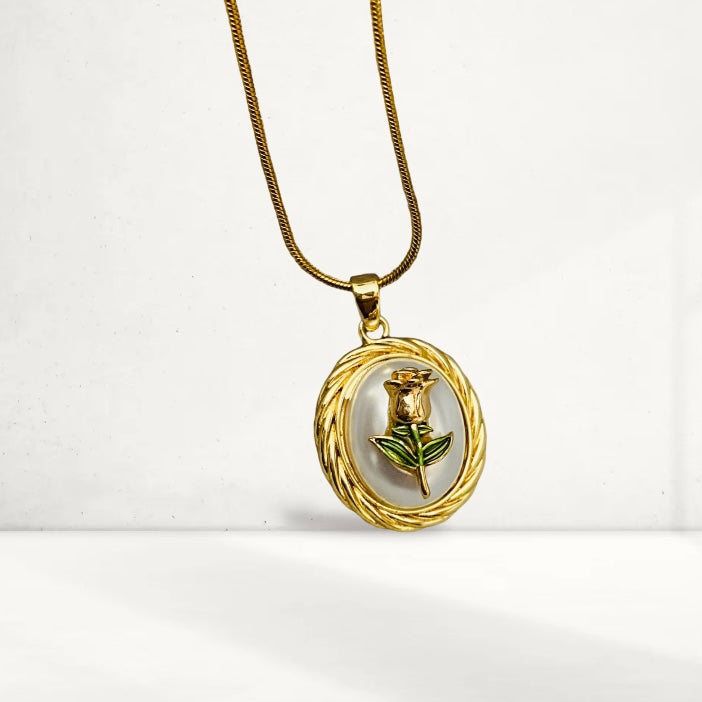 Vintage Gold Plated Rose Oval Chain Locket Style with Enamel Flower Design Necklace